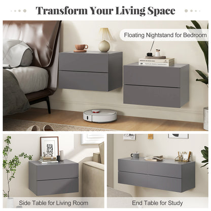 Wall Mounted Nightstand with 2 Drawers and Storage Shelf in Grey