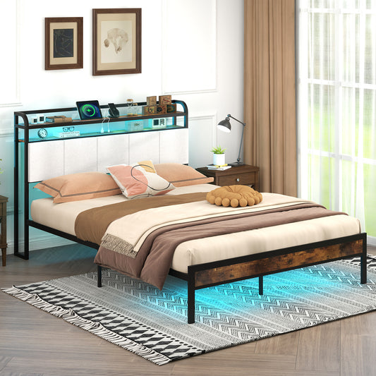 Modern Upholstered Platform Bed Frame with LED Lights, Charging Station, and Storage Headboard – Queen Size