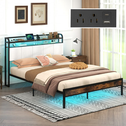 Modern Upholstered Platform Bed Frame with LED Lights, Charging Station, and Storage Headboard – Queen Size