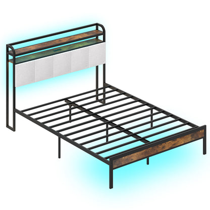Modern Upholstered Platform Bed Frame with LED Lights, Charging Station, and Storage Headboard – Queen Size
