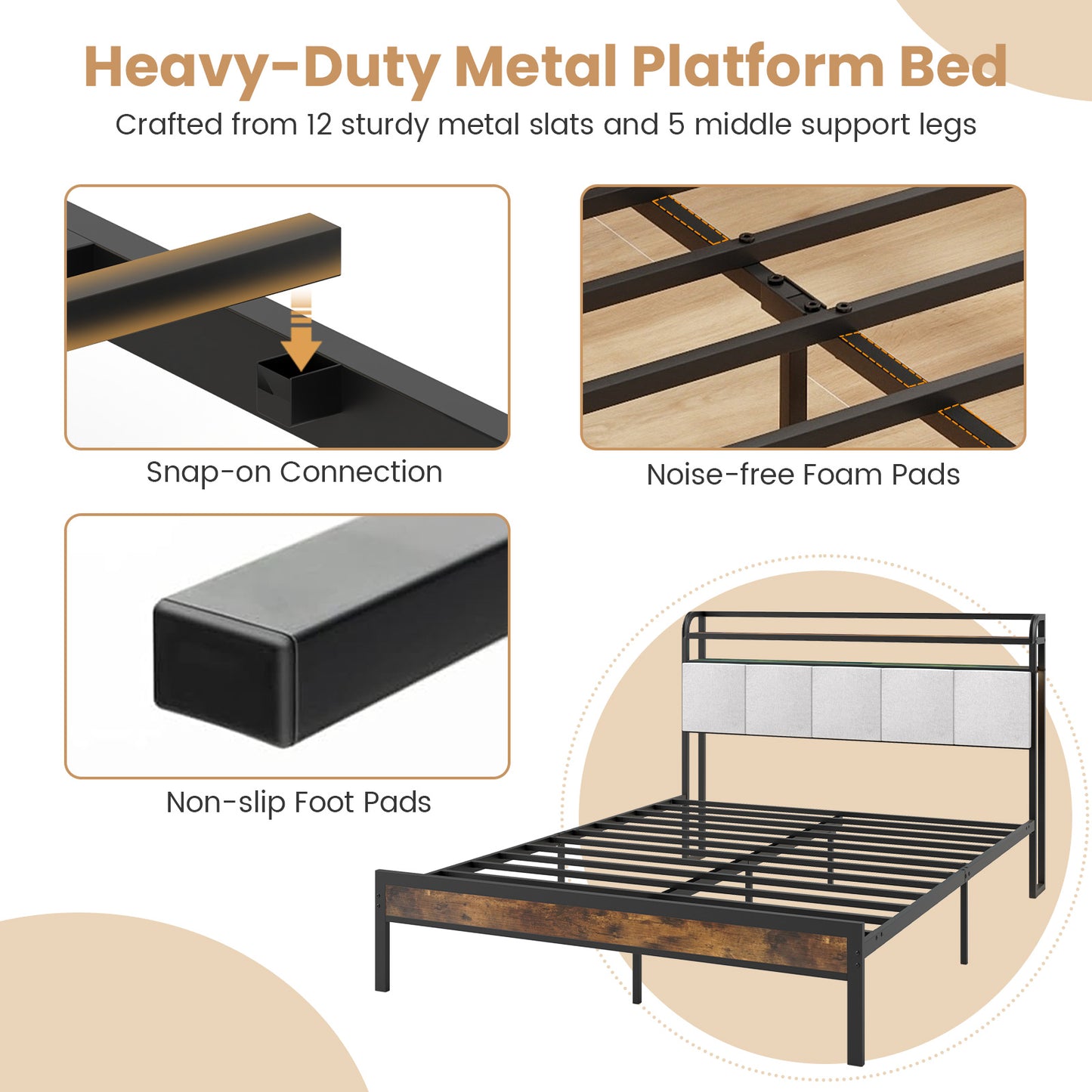 Modern Upholstered Platform Bed Frame with LED Lights, Charging Station, and Storage Headboard – Queen Size