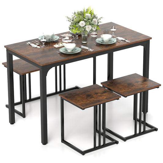 4 Piece Industrial Dining Table Set with Storage Bench and 2 Stools in Brown Wood Finish