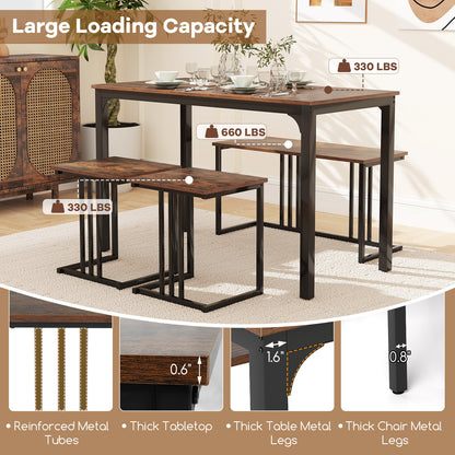 4 Piece Industrial Dining Table Set with Storage Bench and 2 Stools in Brown Wood Finish