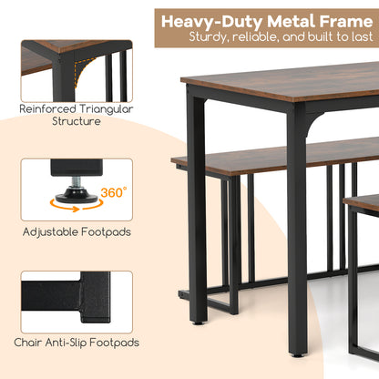 4 Piece Industrial Dining Table Set with Storage Bench and 2 Stools in Brown Wood Finish