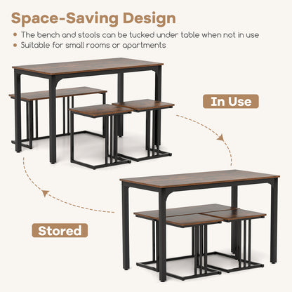 4 Piece Industrial Dining Table Set with Storage Bench and 2 Stools in Brown Wood Finish