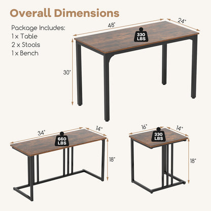 4 Piece Industrial Dining Table Set with Storage Bench and 2 Stools in Brown Wood Finish