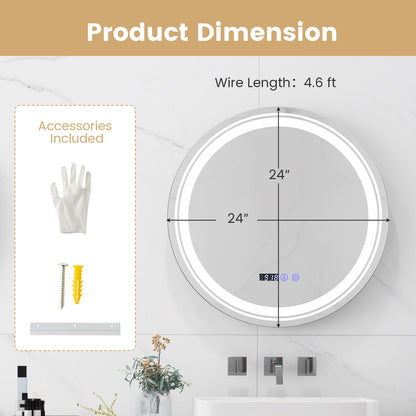 Smart Anti-Fog Round LED Bathroom Mirror with 3 Adjustable Color Temperature Options