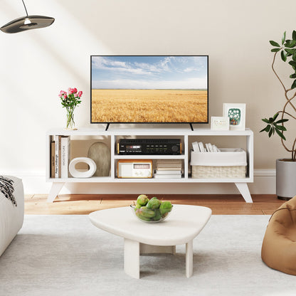 Modern White TV Stand for TVs up to 55 Inches with Open Storage Cubes and Raised Legs