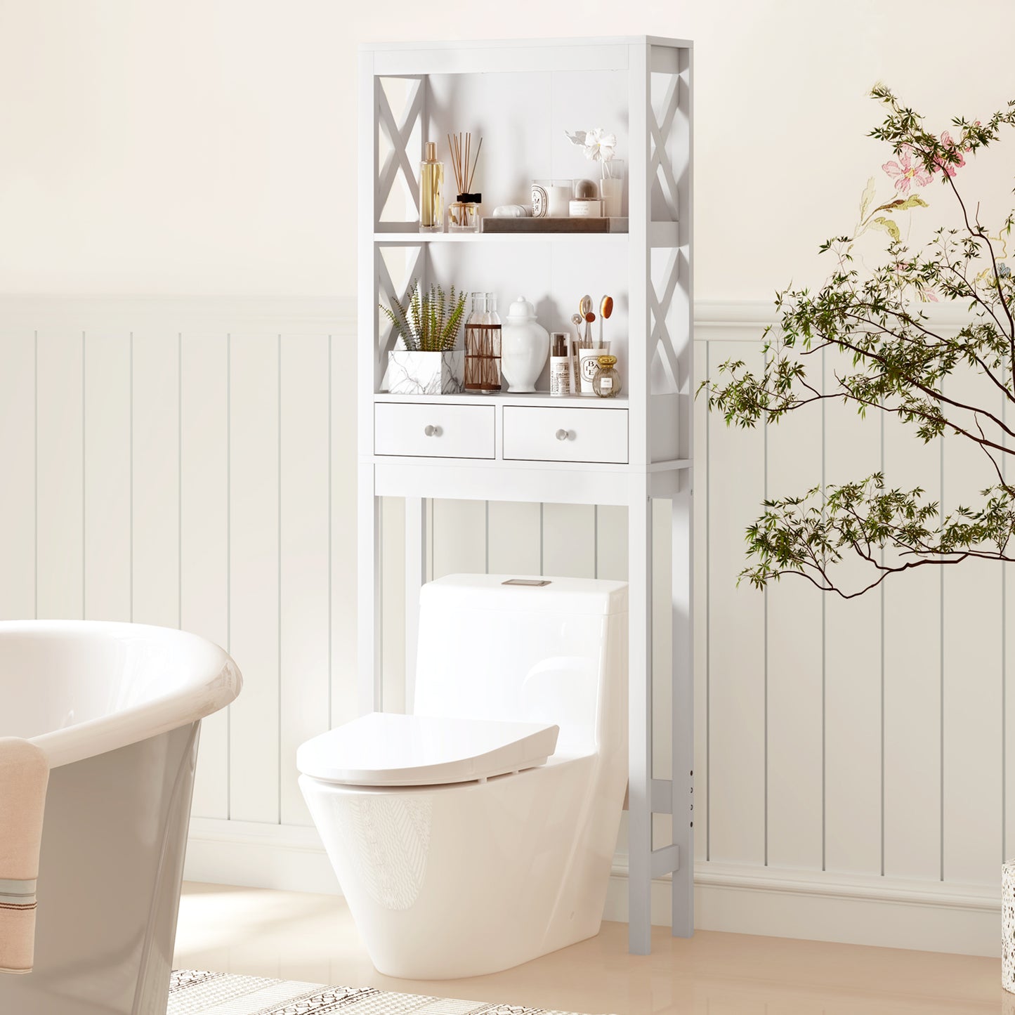 Over-the-Toilet Storage Cabinet with Drawers, Shelves, and Adjustable Bottom Bar