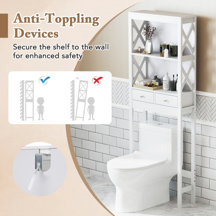 Over-the-Toilet Storage Cabinet with Drawers, Shelves, and Adjustable Bottom Bar