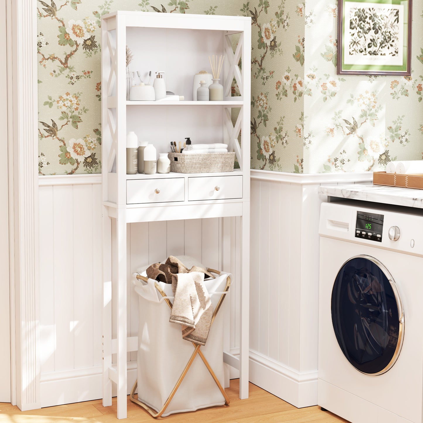 Over-the-Toilet Storage Cabinet with Drawers, Shelves, and Adjustable Bottom Bar