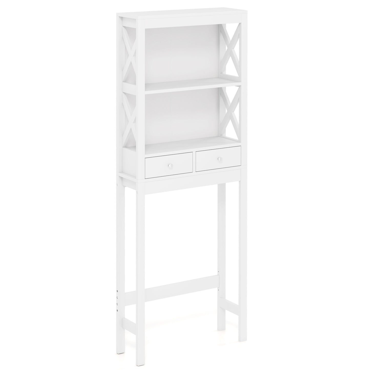 Over-the-Toilet Storage Cabinet with Drawers, Shelves, and Adjustable Bottom Bar
