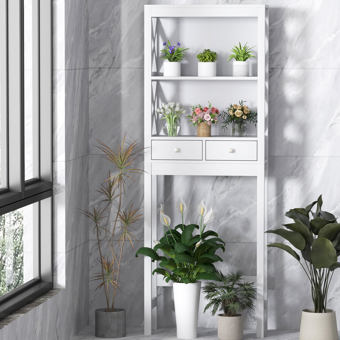 Over-the-Toilet Storage Cabinet with Drawers, Shelves, and Adjustable Bottom Bar