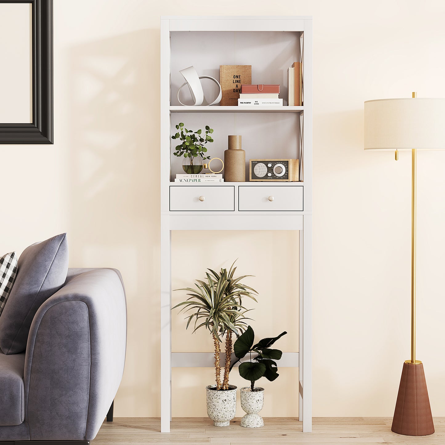 Over-the-Toilet Storage Cabinet with Drawers, Shelves, and Adjustable Bottom Bar