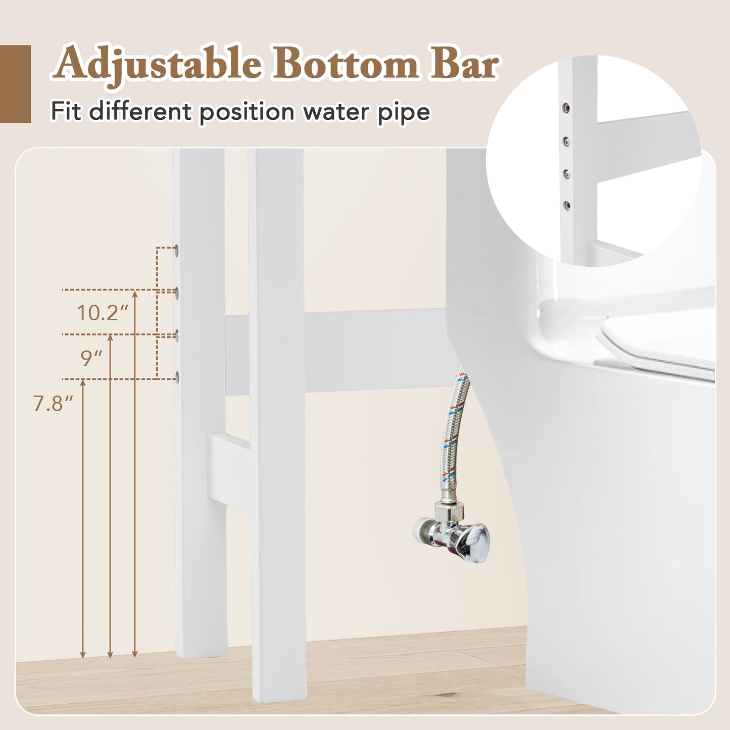 Over-the-Toilet Storage Cabinet with Drawers, Shelves, and Adjustable Bottom Bar