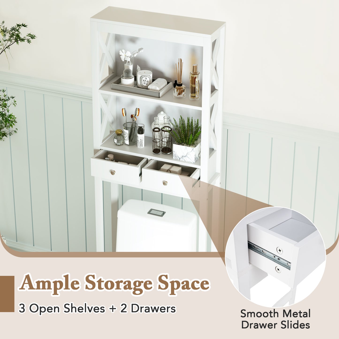 Over-the-Toilet Storage Cabinet with Drawers, Shelves, and Adjustable Bottom Bar