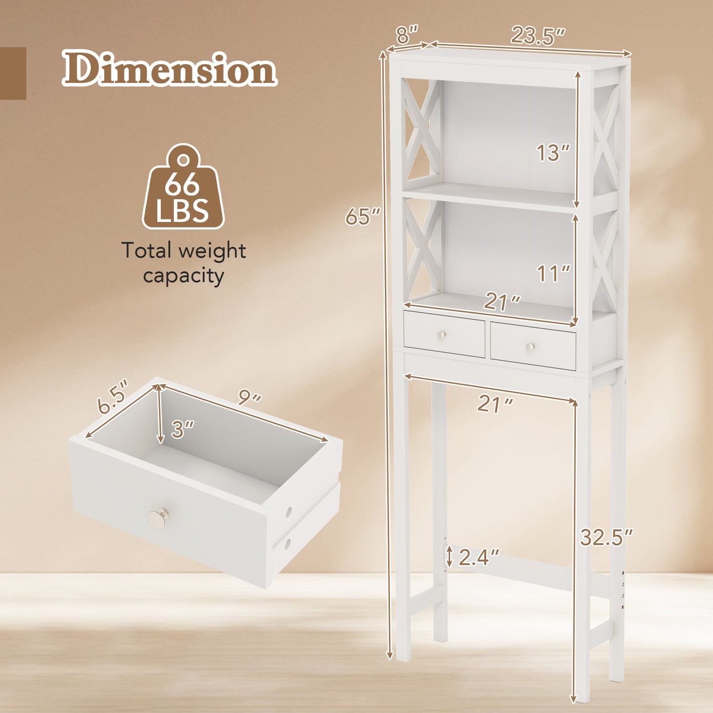Over-the-Toilet Storage Cabinet with Drawers, Shelves, and Adjustable Bottom Bar