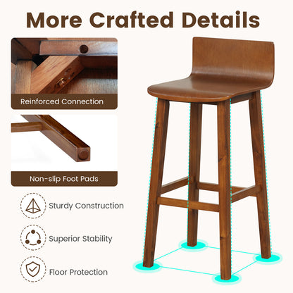 Wooden Bar Stools Set of 2 with Backrest and Footrest in Brown Finish, 29 Inch