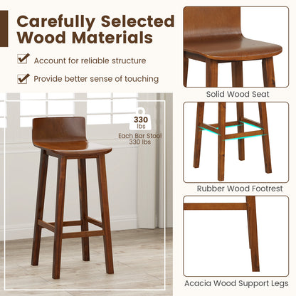 Wooden Bar Stools Set of 2 with Backrest and Footrest in Brown Finish, 29 Inch