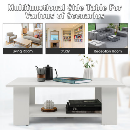 Wooden Coffee Table with Two Tier Storage Shelf Modern White Design