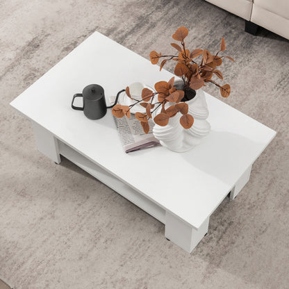 Wooden Coffee Table with Two Tier Storage Shelf Modern White Design