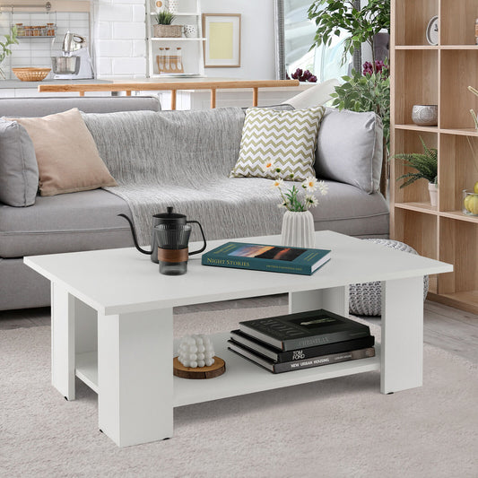 Wooden Coffee Table with Two Tier Storage Shelf Modern White Design