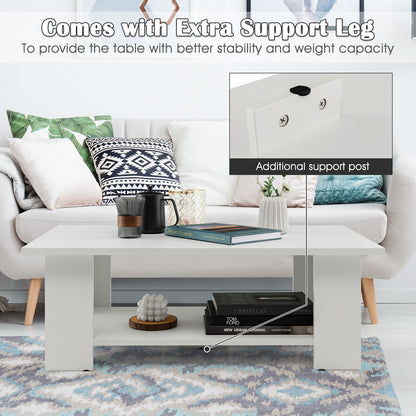 Wooden Coffee Table with Two Tier Storage Shelf Modern White Design