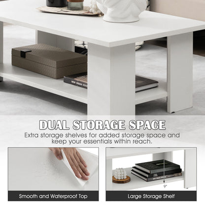 Wooden Coffee Table with Two Tier Storage Shelf Modern White Design