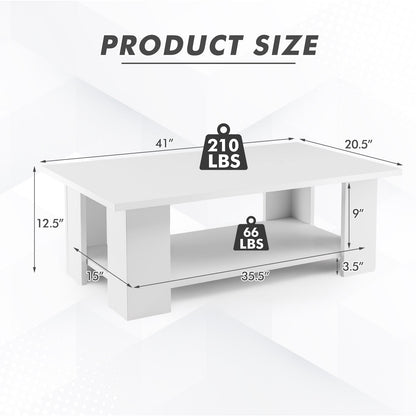 Wooden Coffee Table with Two Tier Storage Shelf Modern White Design