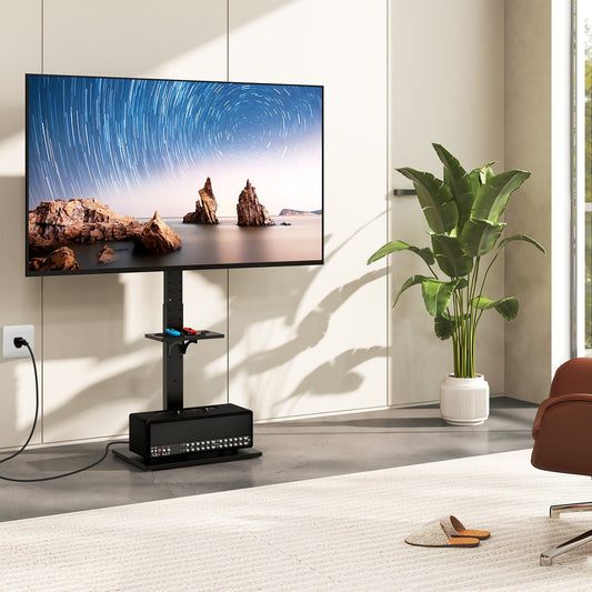 Adjustable Floor TV Stand with Tilt Function, Power Outlet, and AV Shelf for 32 to 70 Inch Flat or Curved TVs