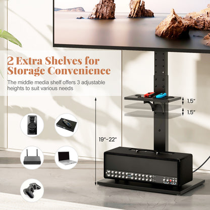 Adjustable Floor TV Stand with Tilt Function, Power Outlet, and AV Shelf for 32 to 70 Inch Flat or Curved TVs