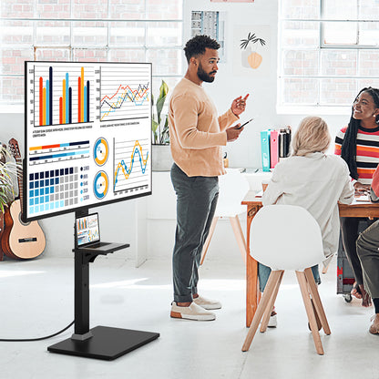 Adjustable Floor TV Stand with Tilt Function, Power Outlet, and AV Shelf for 32 to 70 Inch Flat or Curved TVs