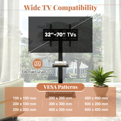 Adjustable Floor TV Stand with Tilt Function, Power Outlet, and AV Shelf for 32 to 70 Inch Flat or Curved TVs