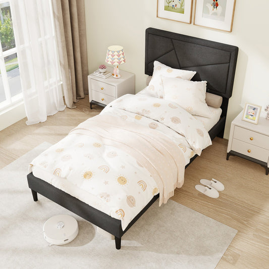 Faux Linen Upholstered Platform Bed with Button-Tufted Headboard and Solid Wood Slats – Twin