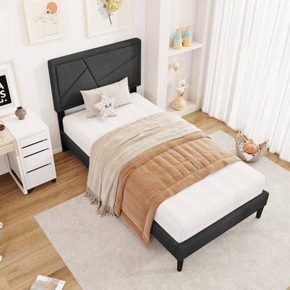 Faux Linen Upholstered Platform Bed with Button-Tufted Headboard and Solid Wood Slats – Twin