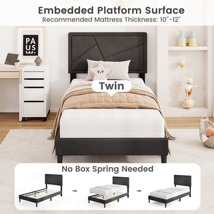 Faux Linen Upholstered Platform Bed with Button-Tufted Headboard and Solid Wood Slats – Twin