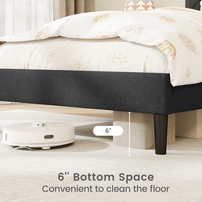 Faux Linen Upholstered Platform Bed with Button-Tufted Headboard and Solid Wood Slats – Twin