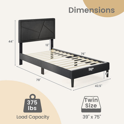 Faux Linen Upholstered Platform Bed with Button-Tufted Headboard and Solid Wood Slats – Twin