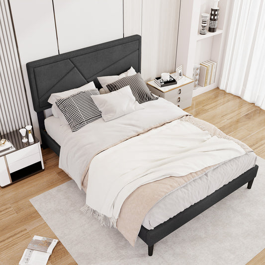 Faux Linen Upholstered Platform Bed with Button-Tufted Headboard and Solid Wood Slats – Full Size