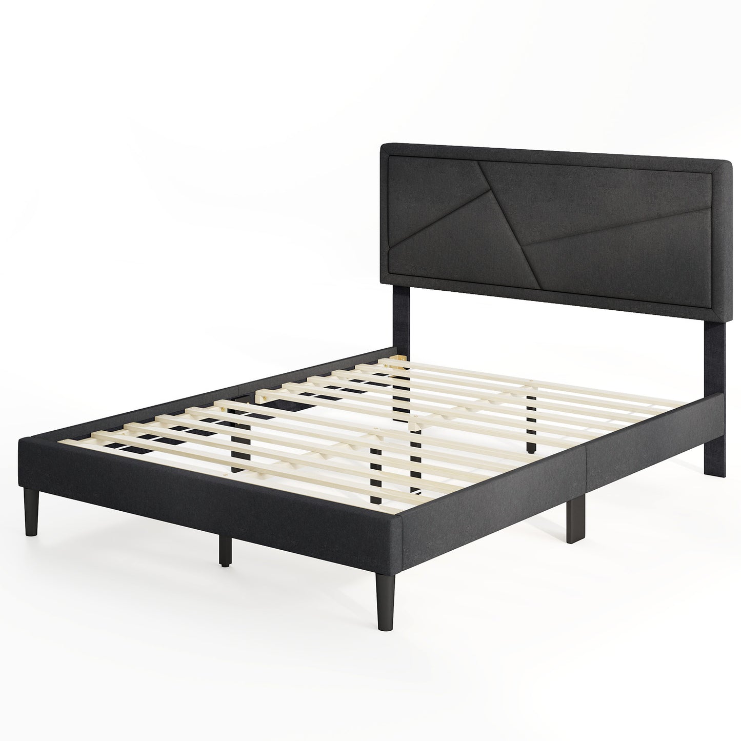 Faux Linen Upholstered Platform Bed with Button-Tufted Headboard and Solid Wood Slats – Full Size