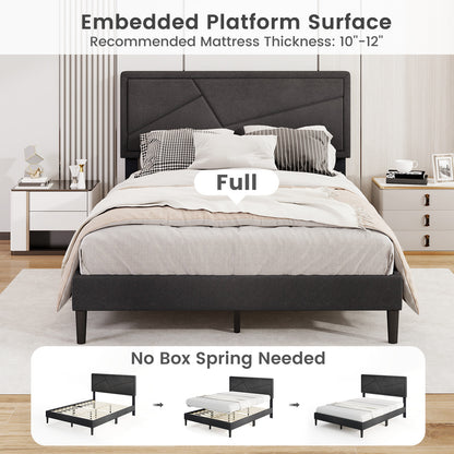 Faux Linen Upholstered Platform Bed with Button-Tufted Headboard and Solid Wood Slats – Full Size