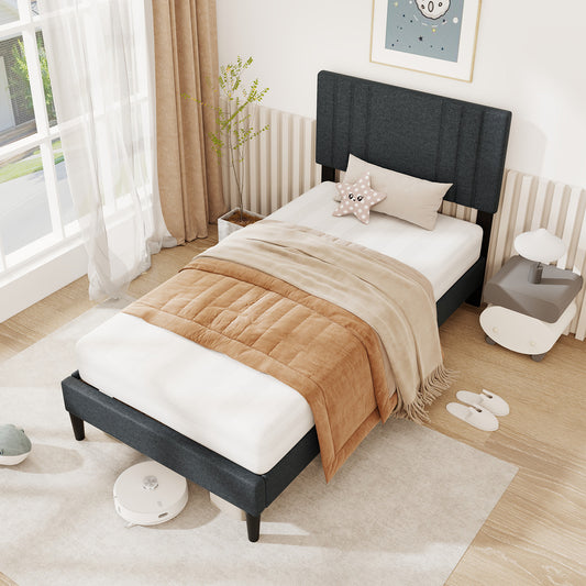 Faux Linen Upholstered Bed Frame with Channel Tufted Headboard and Sturdy Wood Slats – Twin Size