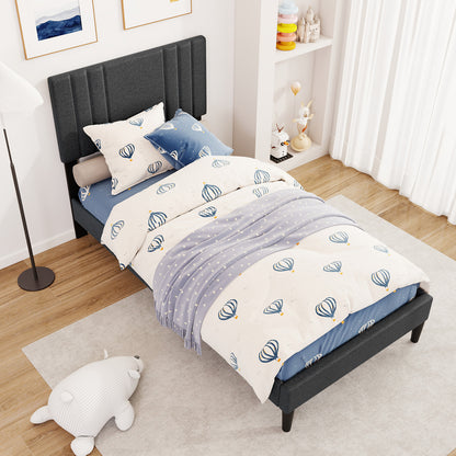 Faux Linen Upholstered Bed Frame with Channel Tufted Headboard and Sturdy Wood Slats – Twin Size