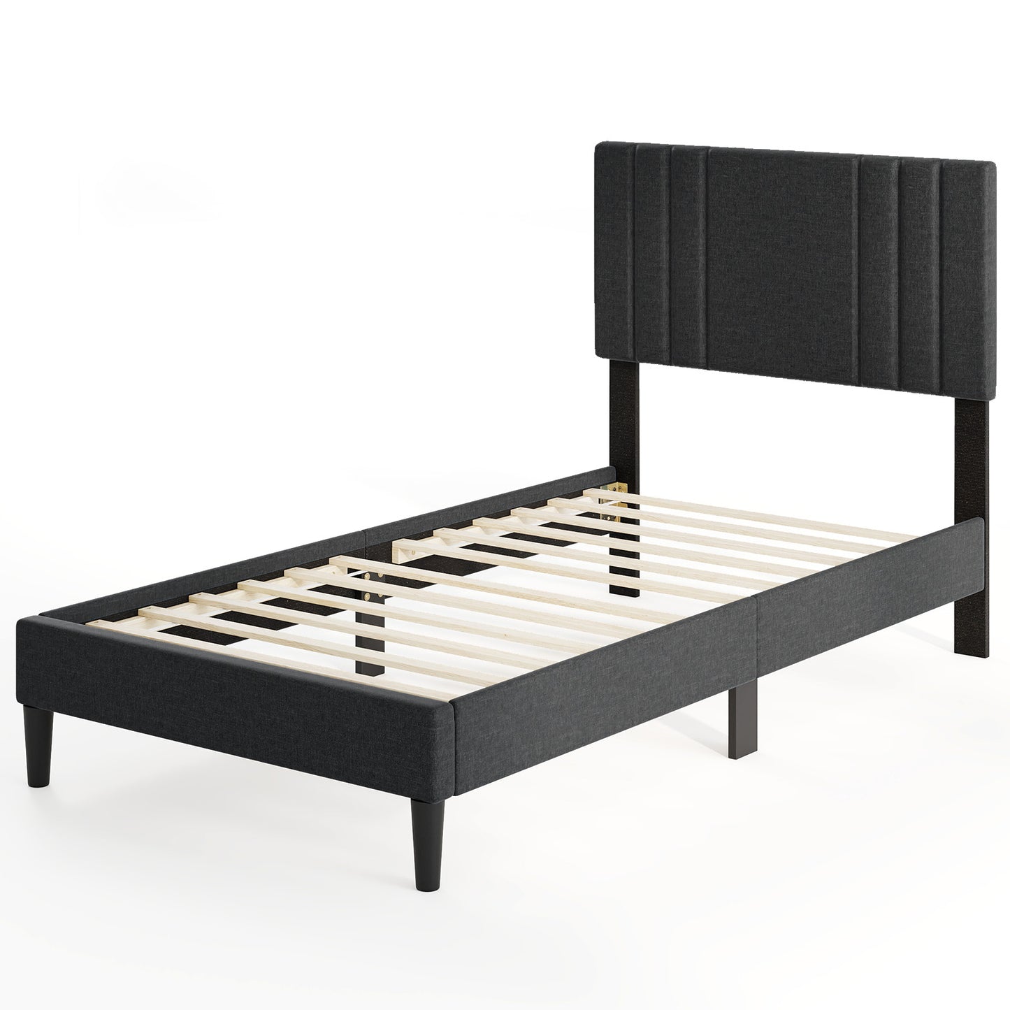 Faux Linen Upholstered Bed Frame with Channel Tufted Headboard and Sturdy Wood Slats – Twin Size