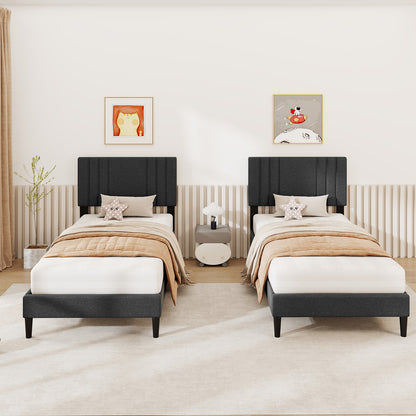 Faux Linen Upholstered Bed Frame with Channel Tufted Headboard and Sturdy Wood Slats – Twin Size