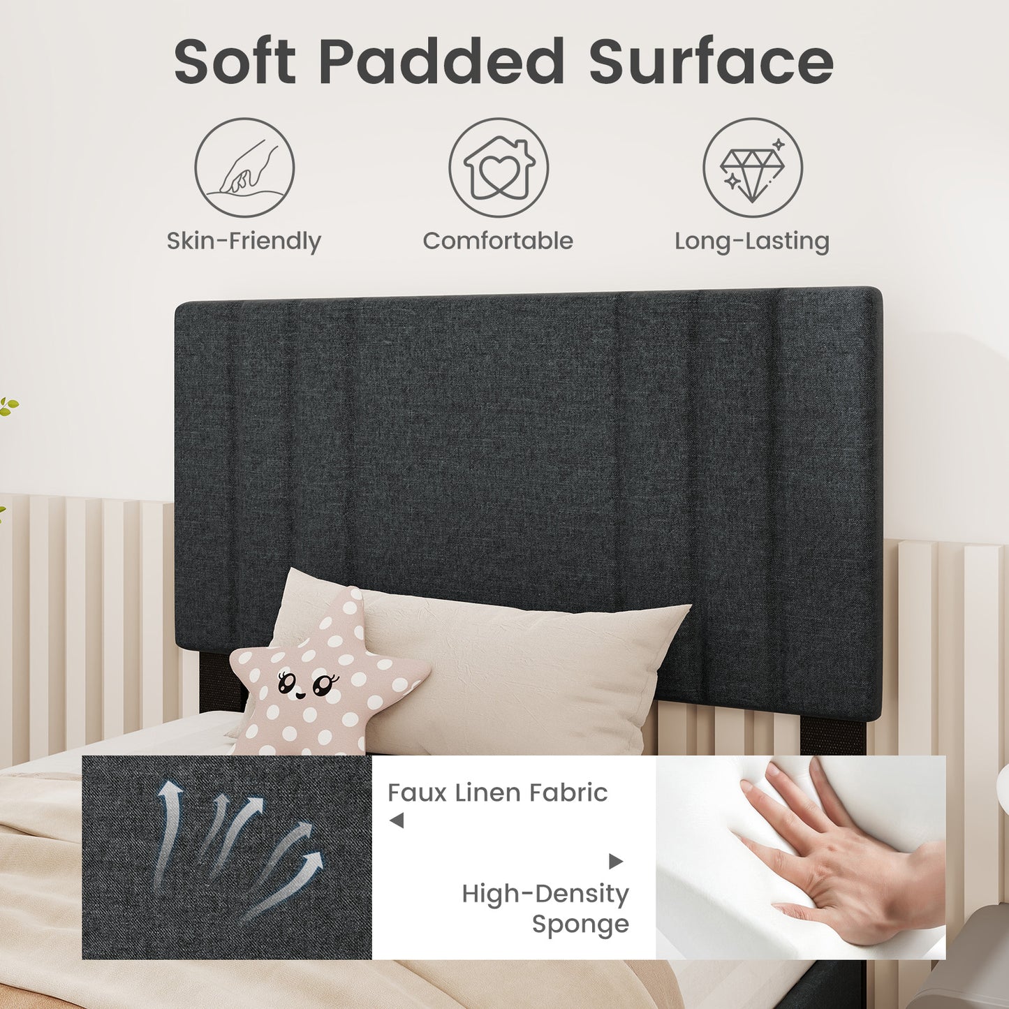 Faux Linen Upholstered Bed Frame with Channel Tufted Headboard and Sturdy Wood Slats – Twin Size