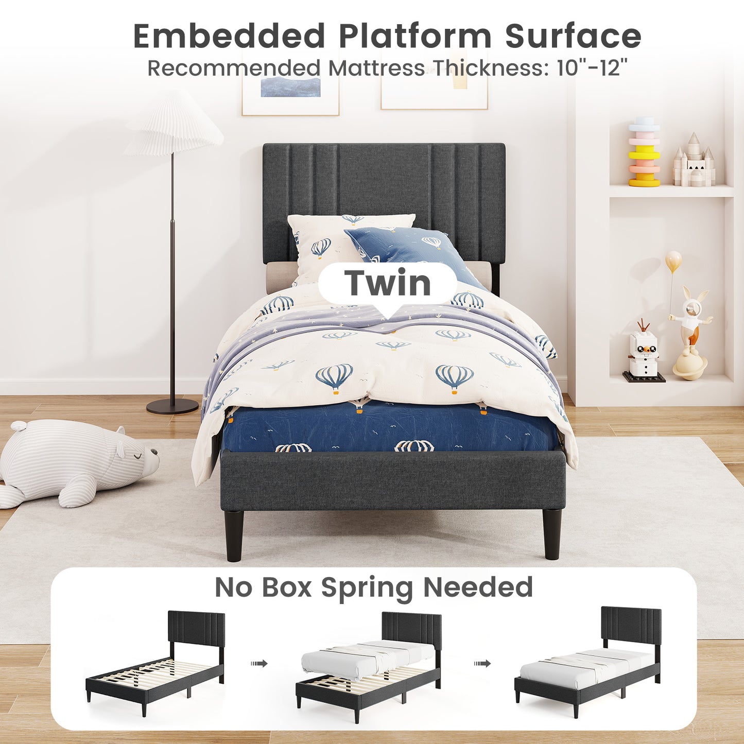 Faux Linen Upholstered Bed Frame with Channel Tufted Headboard and Sturdy Wood Slats – Twin Size