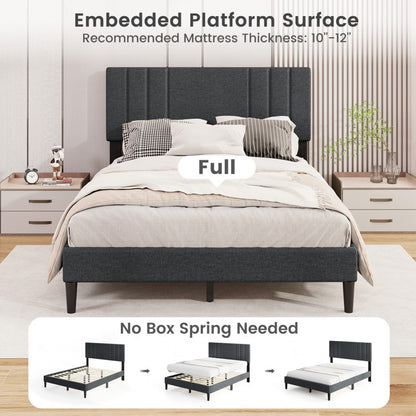 Faux Linen Upholstered Bed Frame with Channel Tufted Headboard and Sturdy Wood Slats – Full Size