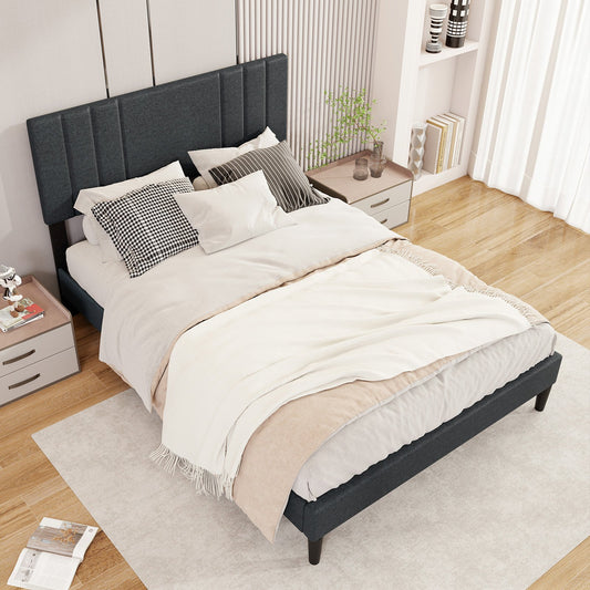 Faux Linen Upholstered Bed Frame with Channel Tufted Headboard and Sturdy Wood Slats – Full Size