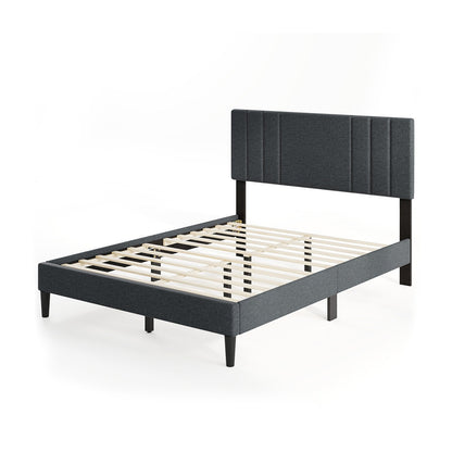 Faux Linen Upholstered Bed Frame with Channel Tufted Headboard and Sturdy Wood Slats – Full Size